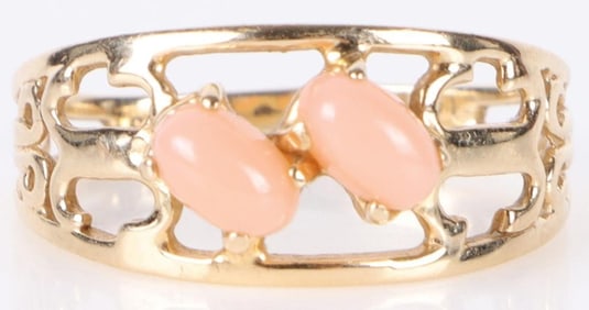 14K YELLOW GOLD PINK CORAL LADIES RING