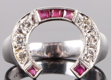 14K WHITE GOLD DIAMOND & RUBY HORSESHOE RING