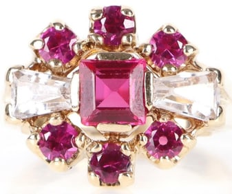 10K YELLOW GOLD RUBY & QUARTZ LADIES RING