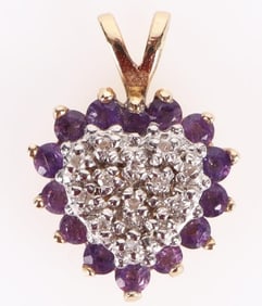 14K GOLD AMETHYST DIAMOND HEART PENDANT W/ APR