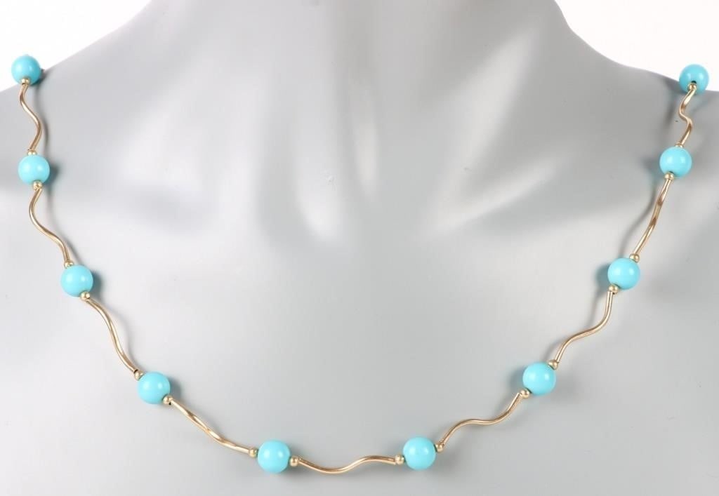 SLEEPING BEAUTY TURQUOISE 14K YELLOW GOLD NECKLACE: Sleeping beauty turquoise 14K yellow gold beaded choker necklace.Stone Type: TurquoiseWeight: 5.13 GramsSize: 16" LengthCondition: Very fine.