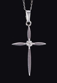14K WHITE GOLD DIAMOND CROSS UNISEX NECKLACE