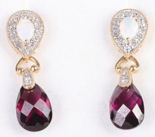 14K GOLD DIAMOND, OPAL & GARNET DANGLE EARRINGS