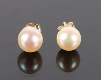 14K YELLOW GOLD WHITE PEARL LADIES STUD EARRINGS