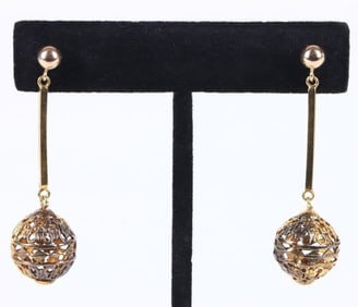 14K YELLOW GOLD DROP BALL FILIGREE LADIES EARRINGS