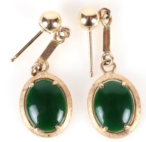 14K YELLOW GOLD GREEN ENAMELED LADIES EARRINGS