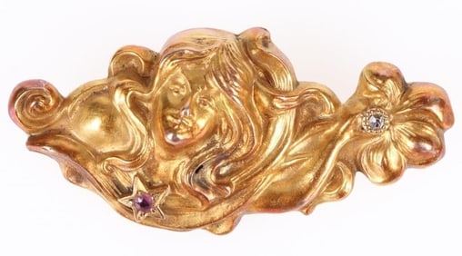 14K YELLOW GOLD WOMAN RUBY DIAMOND BROCHE