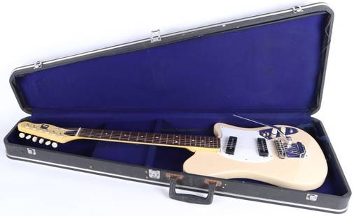 1969 GUYATONE LG-98 OFFWHITE CREAM ELECTRIC GUITAR: 1969 Guyatone (Tokyo Sound Factory) LG-98 Cream Electric Guitar w/ Case & Tremolo Bar. Guitar features matching headstock, rosewood fretboard, Maple neck, and Bolt-On neck construction.Condition: Wood
