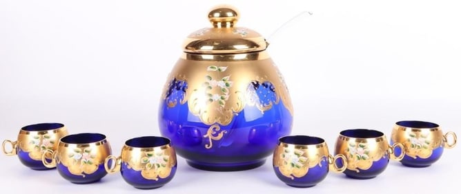 COBALT BLUE ITALIAN MURANO GLASS PUNCHBOWL SET
