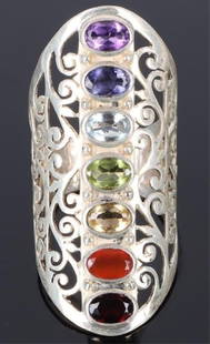 BEAUTIFUL STERLING 7 GEMSTONE FULL FINGER RING: Beautiful sterling silver filigree seven gemstone full finger ring. This ring is also known as a Chakra healing ring.Stone Type: AssortedWeight: 8.89 GramsSize: 8.0Condition: Very Fine