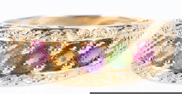 14K GOLD MULTI-GEMSTONE MODERN FILIGREE RING: 14K gold multi-gemstone modern filigree design ring. Gemstones include: Aquamarine, Spinel, Topaz, Emerald, & Amethyst round cut gemstones in that order.Stone Type: AquamarineWeight: 3.83 gramsSize: 7
