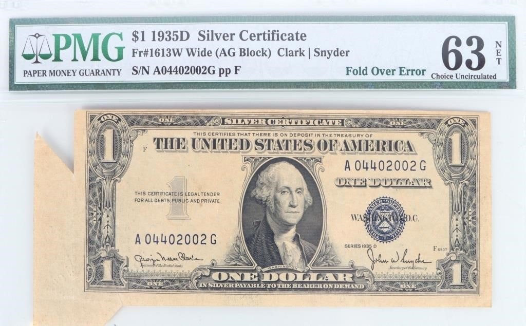 1935D SILVER CERTIFICATE $1 FOLD OVER ERROR PMG 63 (1 of 2)
