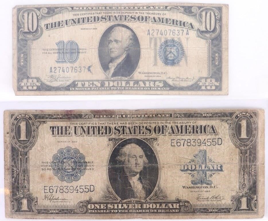 VINTAGE SILVER CERTIFICATE $1 & $10 U.S. BANKNOTES (1 of 5)