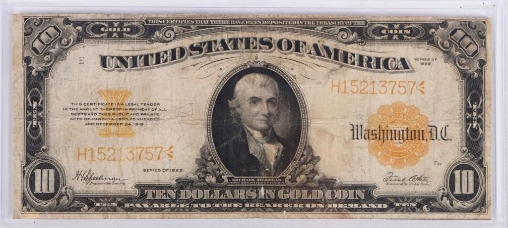 1922 SERIES $10 GOLD CERTIFICATE LARGE BANKNOTE (1 of 2)