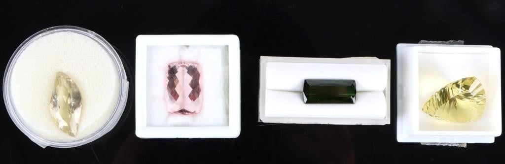 STUNNING LOOSE GEMSTONES LOT OF 4: Stunning loose gemstones lot of 4 to include: 11.5CT Emerald cut Tourmaline, 20CT cushion cut Morganite, 40CT spin fire cut Lemon Quartz, 17.49CT fancy marquise cut Spodumene.
