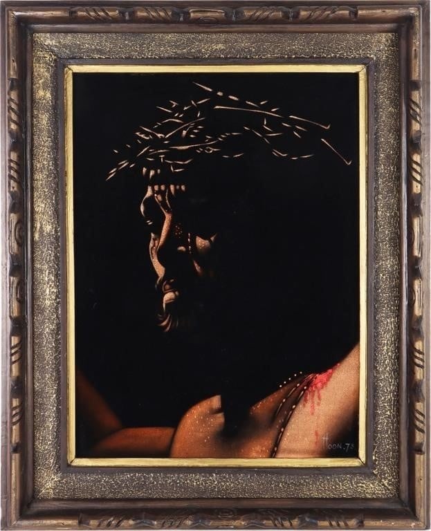 VELVET PASTEL PAINTING OF JESUS W/ CROWN OF THORNS: Velvet pastel painting of Jesus wearing the crown of thorns. Painting is signed by an artist named Hoon and is in a beautiful carved wood frame.Size: 25.25" x 31.25" x 2.25"Condition: Very fine