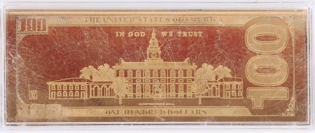 2013 $100 4 OZ. GOLDEN PROOF #289/5000: 2013 $100 4 Ounce Golden Proof 289/5000. Struck by The Washington Mint, contains four full ounces of .999 pure silver layered in 24k gold. Limited to just 5000 worldwide, comes with certificate.Weight