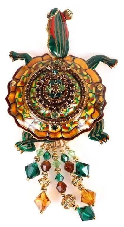 1980'S LUNCH AT THE RITZ ENAMEL TURTLE BROOCH: 1980'S Lunch at the Ritz large colorful enamel and rhinestone painted turtle brooch. The legs & tail are moveable. Weight: 45.22 Grams Size: 4.75" x 2" Condition: Very Fine