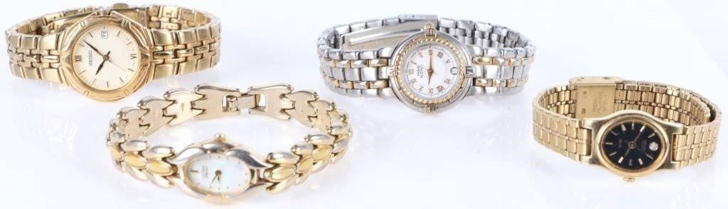 ASSORTED GOLD & SILVER TONE LADIES WATCHES (4): Assorted gold & silver tone ladies wristwatches (4) to include: Seiko, Anne Klein & Citizen.Stainless steel Wristwatch LadiesWeight: 187.65 Grams totalSize: VariesCondition: Very Fine. Watches may nee