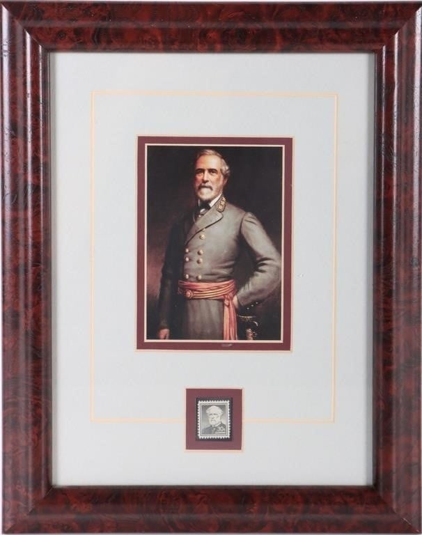 SCOTT STAMP #1049 ROBERT E. LEE 30Â? & PRINT FRAMED: Scott stamp #1049 Robert E. Lee 30 cent & print framed to include a portrait of Robert E. Lee print & the 30 cent stamp framed underneath it. Condition: Mint condition. Stamps