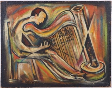 WOMAN PLAYING THE HARP OIL PAINTING SIGNED