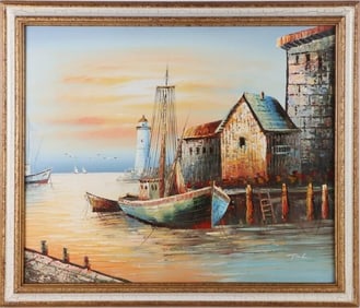 TIM L. OIL ON CANVAS HARBOR LANDSCAPE FRAMED