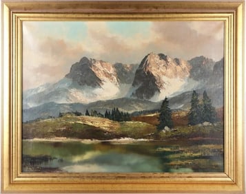 LANDSCAPE OF THE SNOWY ALPS OIL ON CANVAS FRAMED