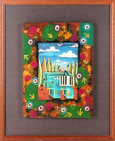 ZBYSZEK & T. KOZIOL SIGNED 'PIANO DOG' OIL FRAMED