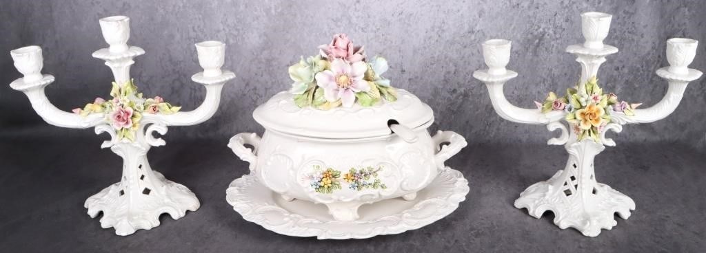 VINTAGE ITALIAN CAPODIMONTE FLORAL DISHWARE: Vintage Italian Capodimonte floral dishware to include one soup bowl with lid and ladle, one white under-plate and two matching candelabras.Size: 15" LengthCondition: Very fine.