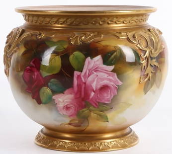 ROYAL WORCESTER PORCELAIN JARDINIERE SIGNED: Royal Worchester porcelain jardiniere signed by W.H Austin. Has beautiful detail. Size: 6.5" x 8" Condition: Very Fine