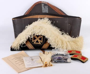 VINTAGE MASONIC KNIGHTS TEMPLAR CHAPEAU HAT: Vintage Masonic Knights Templar chapeau hat. Hat comes with leather case, is made from ostrich feathers, Masonic books, one glove, and a set of embroidered shoulder pin and badge.Size: 19" LengthCondi