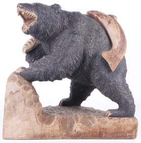 HAND CARVED WOOD STATUE OF BEAR CARRYING SALMON