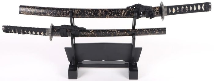 SET OF 2 BLACK DECORATIVE KATANA SWORDS W/ BASE
