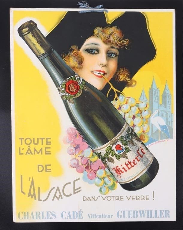 ANTIQUE TOUTE L'AME DE L'ALSACE WINE SIGN: Antique Toute L'Ame De L'alsace wine promotional advertising sign by Charles Cade Viticulteur Guebwiller. Size: 12.00" X 15.50" Condition: Some blunting along the corners, and minor stains. Great cond
