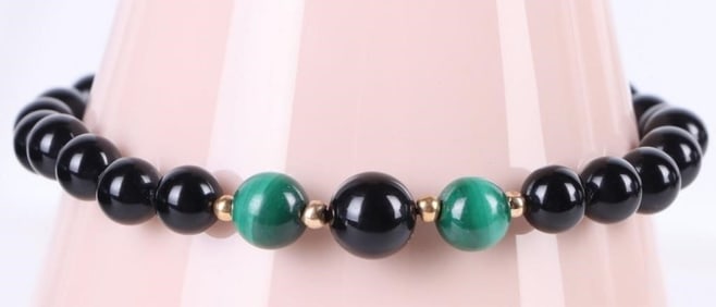14K YELLOW GOLD ONYX MALACHITE UNISEX BRACELET