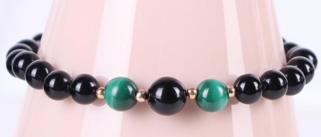 14K YELLOW GOLD ONYX MALACHITE UNISEX BRACELET