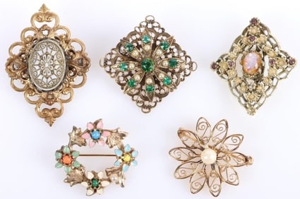 BEAUTIFUL ANTIQUE LADIES FILIGREE BROOCHES (5)