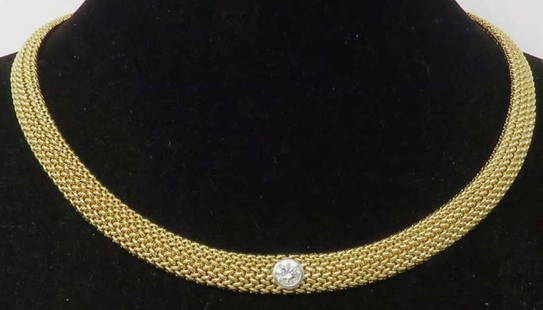TIFFANY & CO 18K GOLD DIAMOND MESH CHOKER: Tiffany & Co. 18k yellow gold .75ct natural diamond mesh necklace. weight: 60 Grams!Stone Type: DiamondWeight: 60.0 GramsSize: 16.5"Condition: Very fine