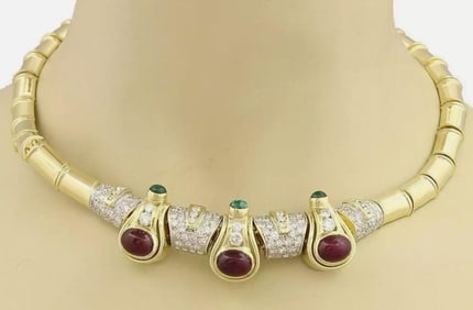 18K GOLD DIAMOND, RUBY & EMERALD FANCY COLLAR