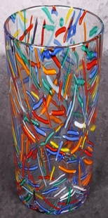 HAND-BLOWN CYLINDRICAL CONFETTI VASE: Hand-blown cylindrical confetti vase.Size: 12" TallCondition: Very fine.