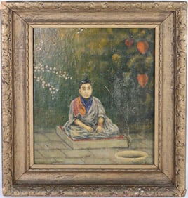 OIL ON BOARD DEPICTING AN ASIAN MAN MEDIATING