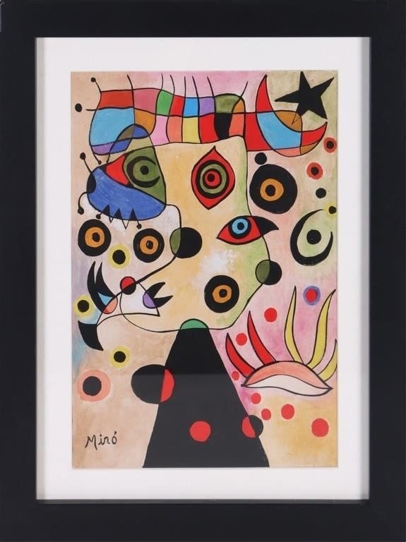 IN THE MANNER OF JOAN MIRO OIL ON CANVAS FRAMED: In the manner of Joan Miro oil on canvas framed. The artist of this beautiful Joan Miro inspired piece is unknown. Joan Mir?? i Ferr? was a Catalan Spanish painter, sculptor and ceramist. A museum ded
