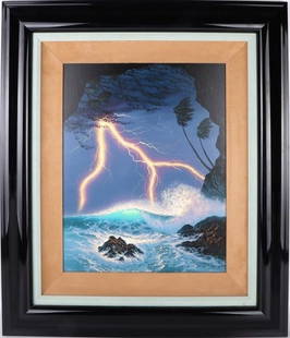 WALFRIDO GARCIA 'NATURES FURY' STORM GICLEE PRINT: Walfrido Garcia, Filipino Disney artist who utilizes "romantic luminism", "Natures Fury" limited edition Giclee on canvas print. Signed with personalized sketch on reverse. Edition #13/500. Mounted in