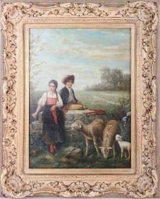 IRISH COUNTRYSIDE OIL PAINTING W/ CHILDREN & SHEEP