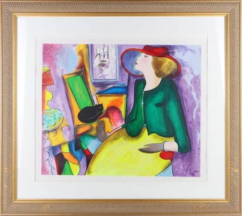 LINDA LE KINFF 'LES GANTS' SIGNED LTD ED. GICLEE: Linda Le Kinff (French, B. 1949) large hand-signed in pencil limited edition (43/350) museum matted and framed giclee.Size: 34 X 37" ramedCondition: Wear commensurate with age please see photos.