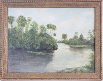 OLD FLORIDA SIGNED ACRYLIC LANDSCAPE PAINTING