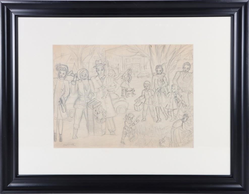 D. BURLIUK PENCIL ON PAPER FRAMED IN THE MANNER OF: D. Burliuk (Ukrainian 1882, 1967) pencil on paper framed in the manner of depicting a community of people during what appears to be Christmas. David Davidovich Burliuk was a Russian poet, artist and p