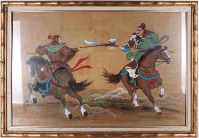 OIL ON COMPOSITE PAPER DEPICTING WARRIORS FRAMED