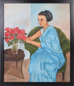 AFTER T. DE LEMPICKA OIL ON CANVAS FRAMED OF WOMAN