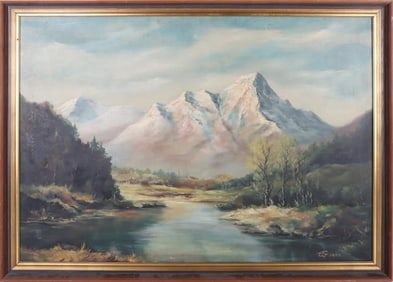 OIL ON CANVAS OF ALPINE MOUNTAIN LANDSCAPE FRAMED